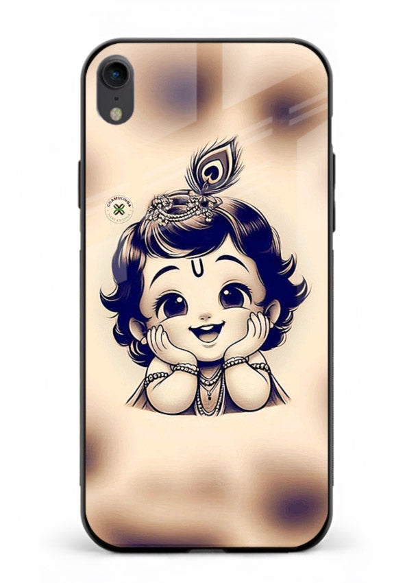 Minimal Baby Krishna sketch iphone xr glass back elegant devotional case