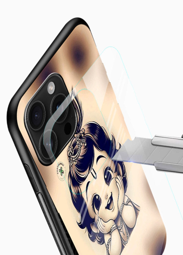 Minimal Baby Krishna sketch glossy vibrant premium glass back elegant devotional case - Angle Blade