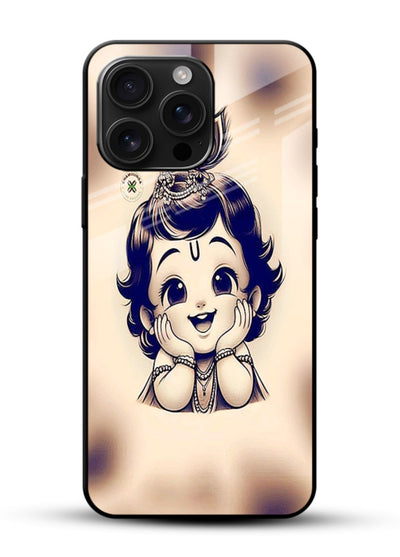 Minimal Baby Krishna sketch glossy vibrant premium glass back elegant devotional case - Angle Front
