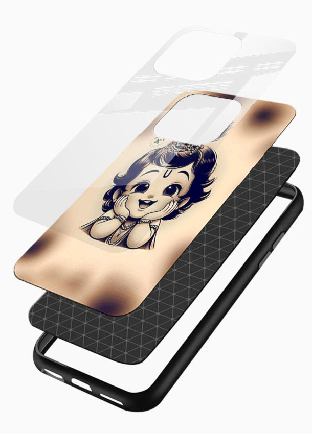 Minimal Baby Krishna sketch glossy vibrant premium glass back elegant devotional case - Angle Layers