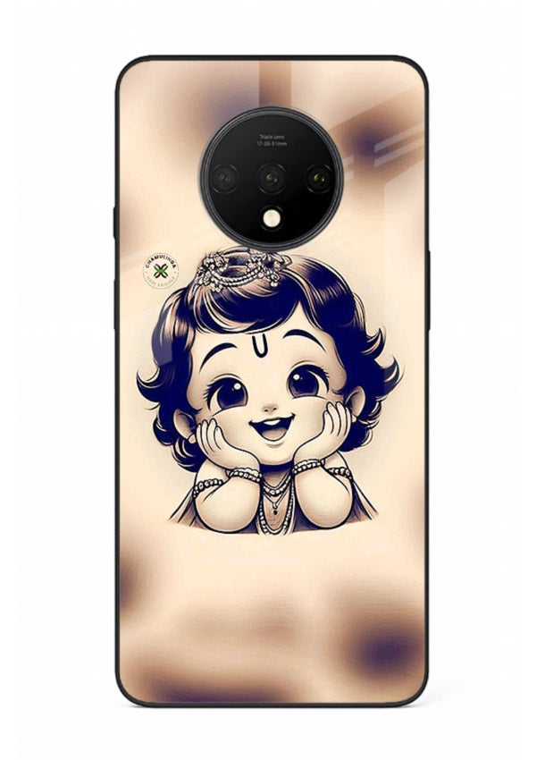 Minimal Baby Krishna sketch OnePlus 7T glass back elegant devotional case