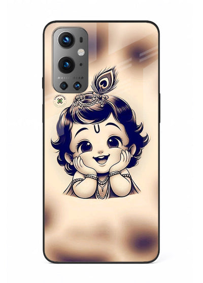 Minimal Baby Krishna sketch OnePlus 9 glass back elegant devotional case