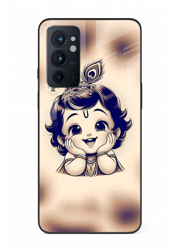 Minimal Baby Krishna sketch OnePlus 9RT glass back elegant devotional case