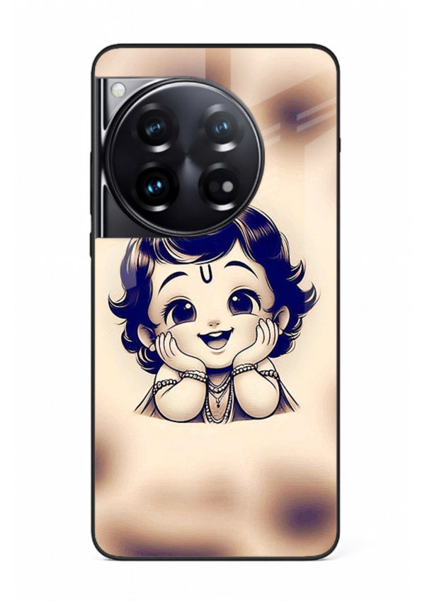 Minimal Baby Krishna sketch OnePlus 12 glass back elegant devotional case