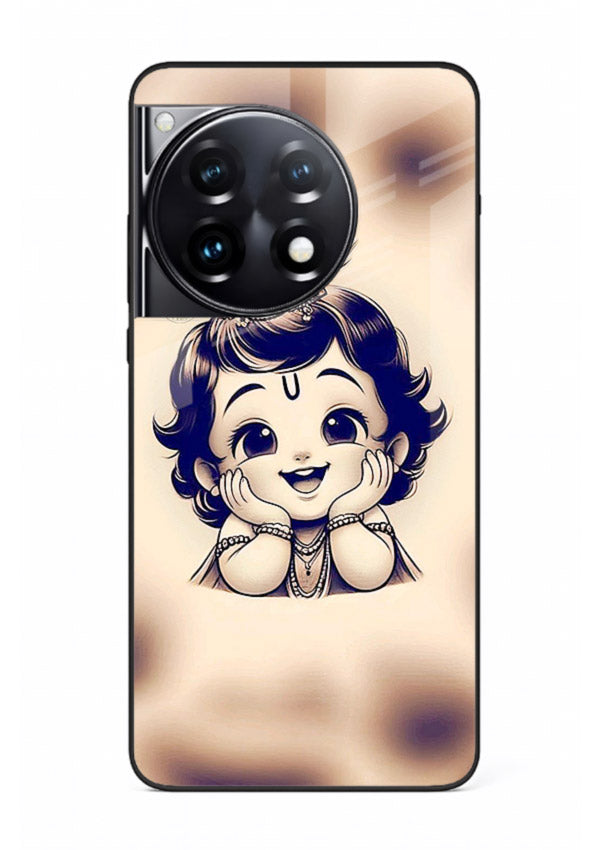 Minimal Baby Krishna sketch OnePlus 12R glass back elegant devotional case