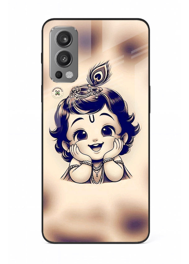 Minimal Baby Krishna sketch OnePlus Nord 2 glass back elegant devotional case