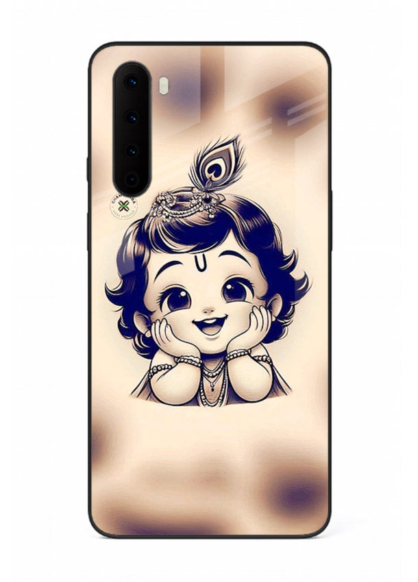 Minimal Baby Krishna sketch OnePlus Nord glass back elegant devotional case