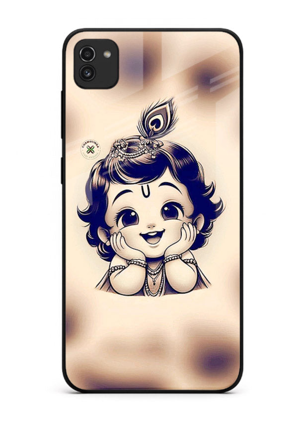 Minimal Baby Krishna sketch Samsung A03 glass back elegant devotional case