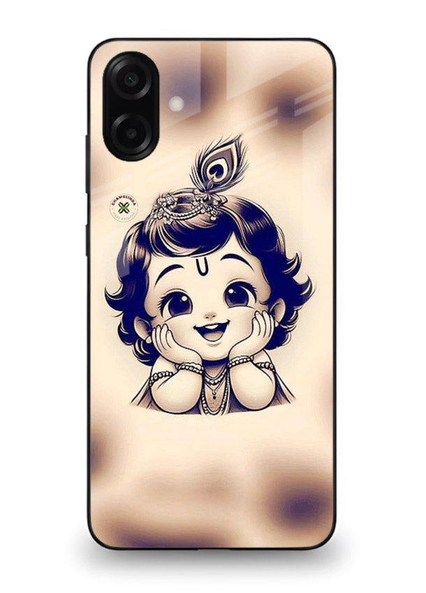 Minimal Baby Krishna sketch Samsung A06 5G glass back elegant devotional case