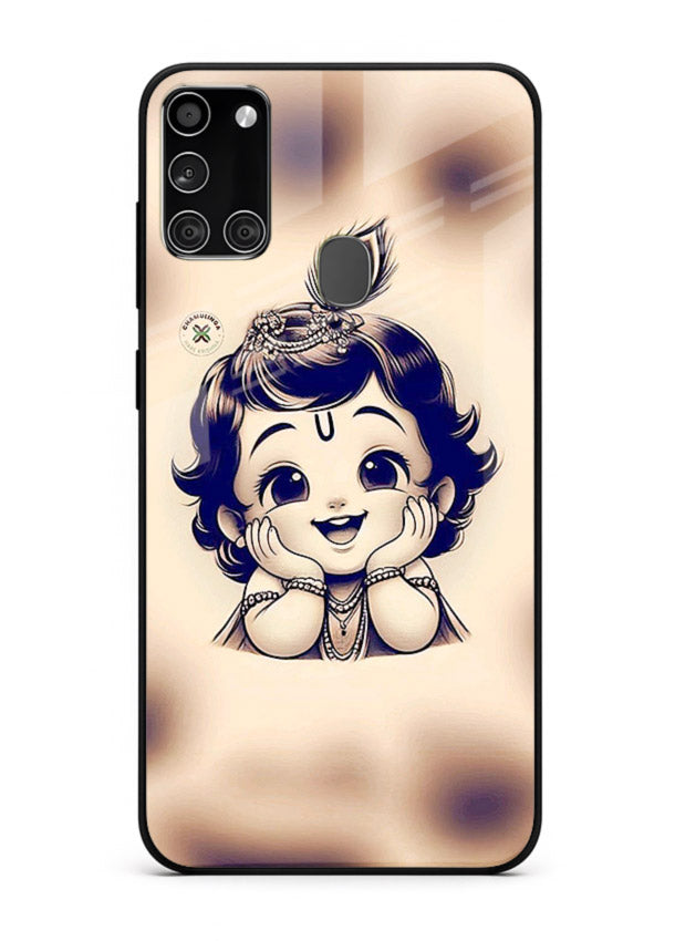 Minimal Baby Krishna sketch Samsung A21s glass back elegant devotional case
