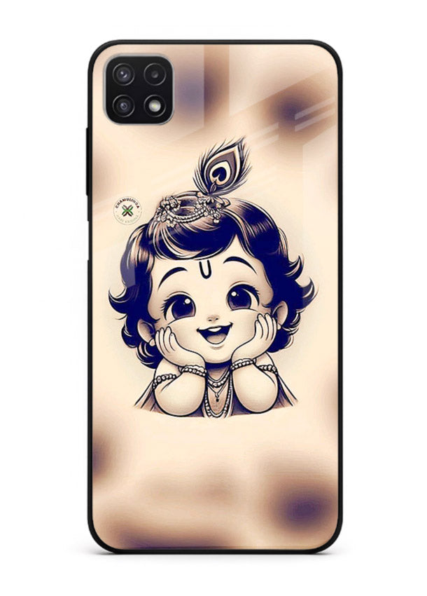 Minimal Baby Krishna sketch Samsung A22 5G glass back elegant devotional case