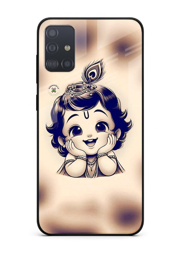Minimal Baby Krishna sketch Samsung A51 glass back elegant devotional case