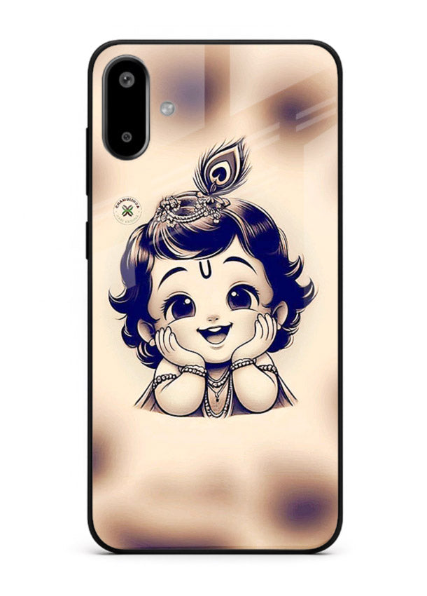 Minimal Baby Krishna sketch Samsung F06 5G glass back elegant devotional case