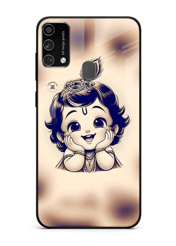 Minimal Baby Krishna sketch Samsung F41 glass back elegant devotional case