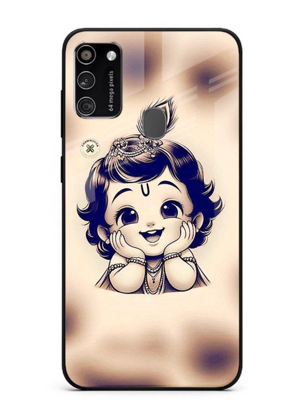 Minimal Baby Krishna sketch Samsung M30s glass back elegant devotional case