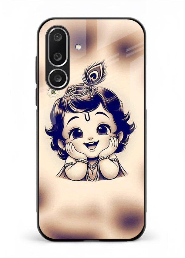 Minimal Baby Krishna sketch Samsung F56 5G glass back elegant devotional case