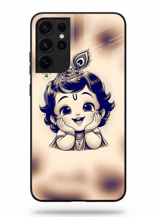 Minimal Baby Krishna sketch Samsung S21 Ultra glass back elegant devotional case