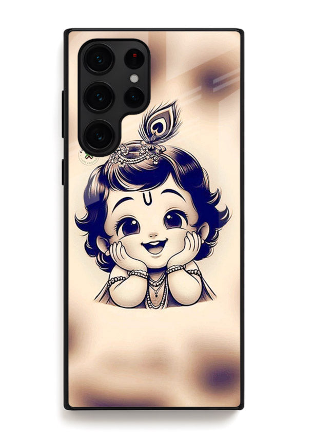 Minimal Baby Krishna sketch Samsung S24 Ultra glass back elegant devotional case