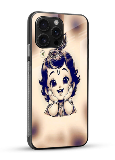 Minimal Baby Krishna sketch glossy vibrant premium glass back elegant devotional case - Angle Side