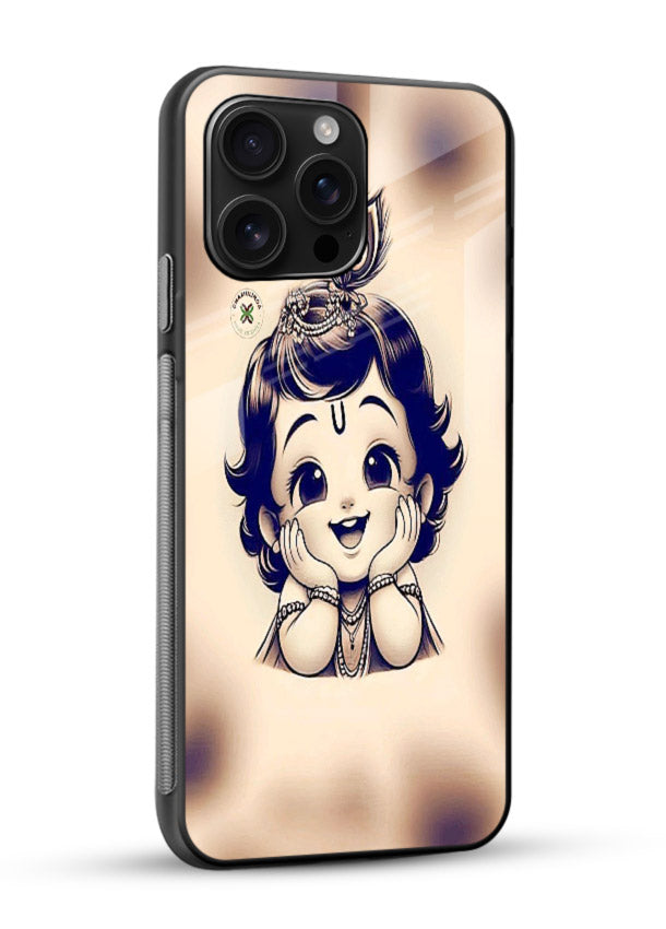 Minimal Baby Krishna sketch glossy vibrant premium glass back elegant devotional case - Angle Side