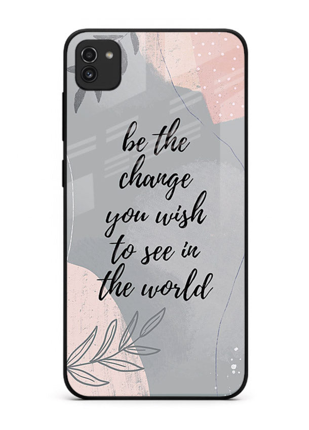 Botanical motivational quote artwork on Samsung A03 glass back cover with soft calming tones.
