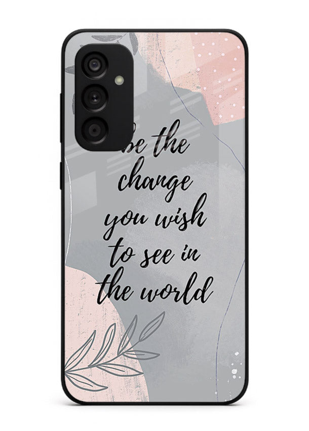 Botanical motivational quote artwork on Samsung A34 5G glass back cover with soft calming tones.