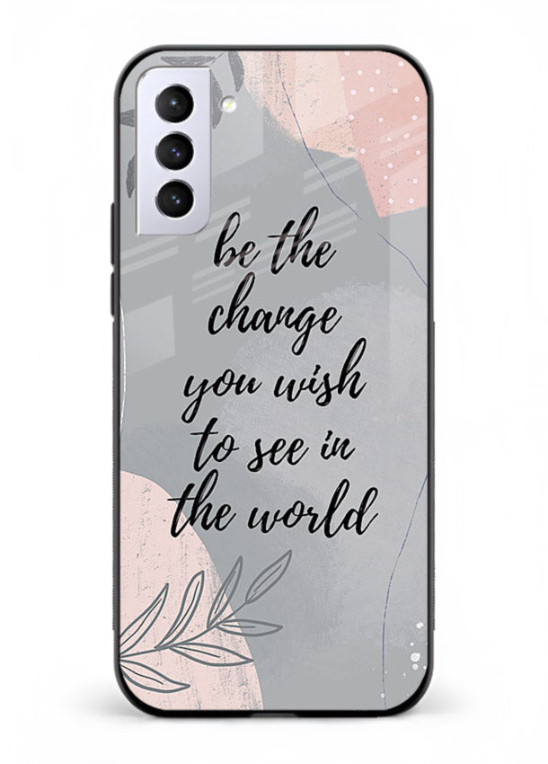 Botanical motivational quote artwork on Samsung S21 FE glass back cover with soft calming tones.