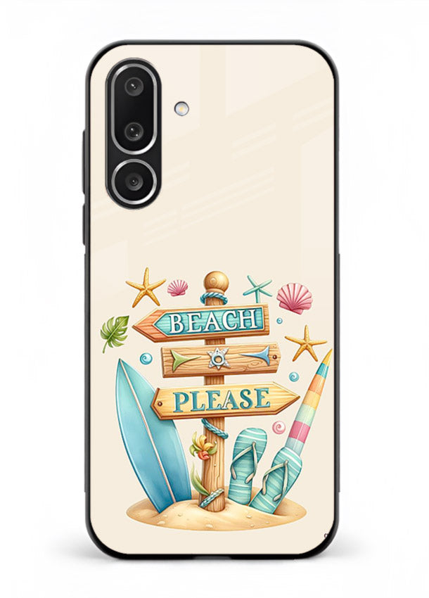 Beach Please Vibes tropical summer artwork Samsung M36 5G glass back cover