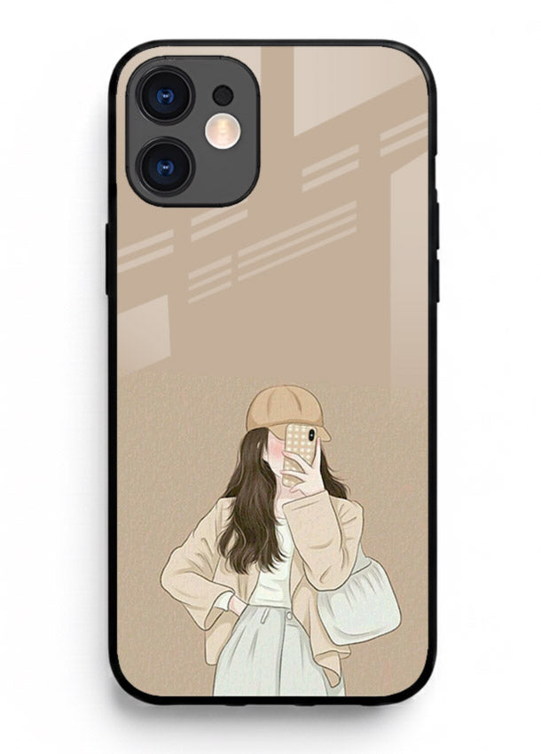 Beige Coat Girl minimal portrait iphone 12 mini glass back cover