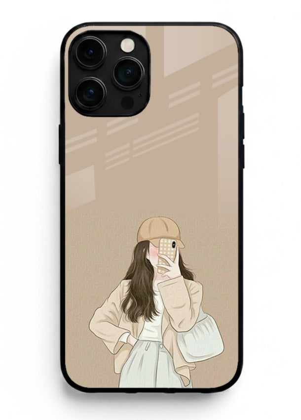 Beige Coat Girl minimal portrait iphone 14 pro max glass back cover