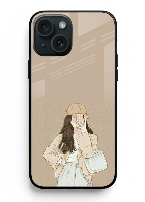Beige Coat Girl minimal portrait iphone 15 plus glass back cover