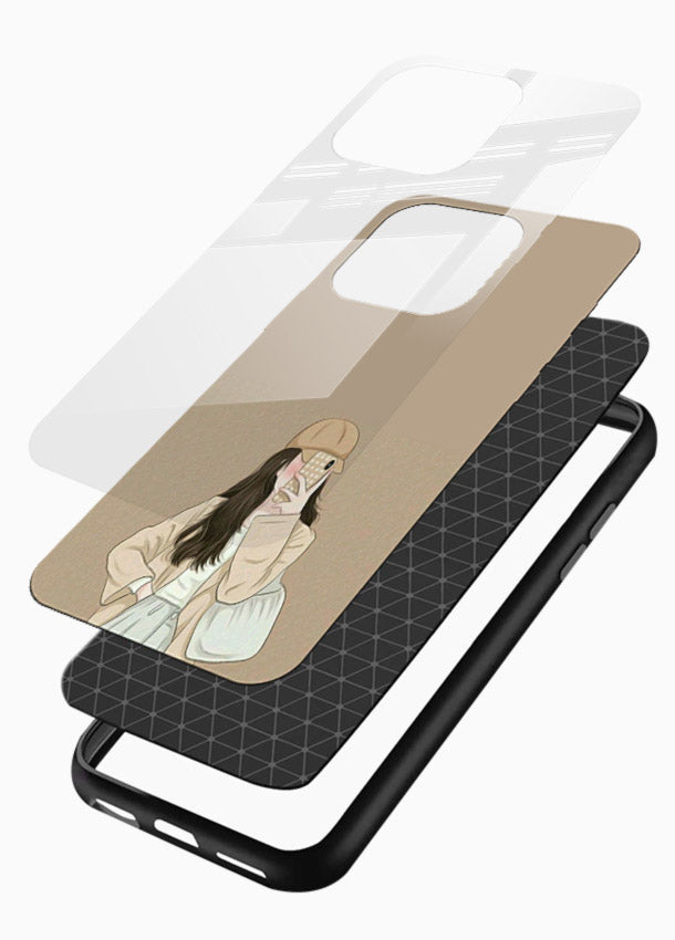 Beige Coat Girl minimal portrait glossy vibrant premium glass back cover - Angle Layers