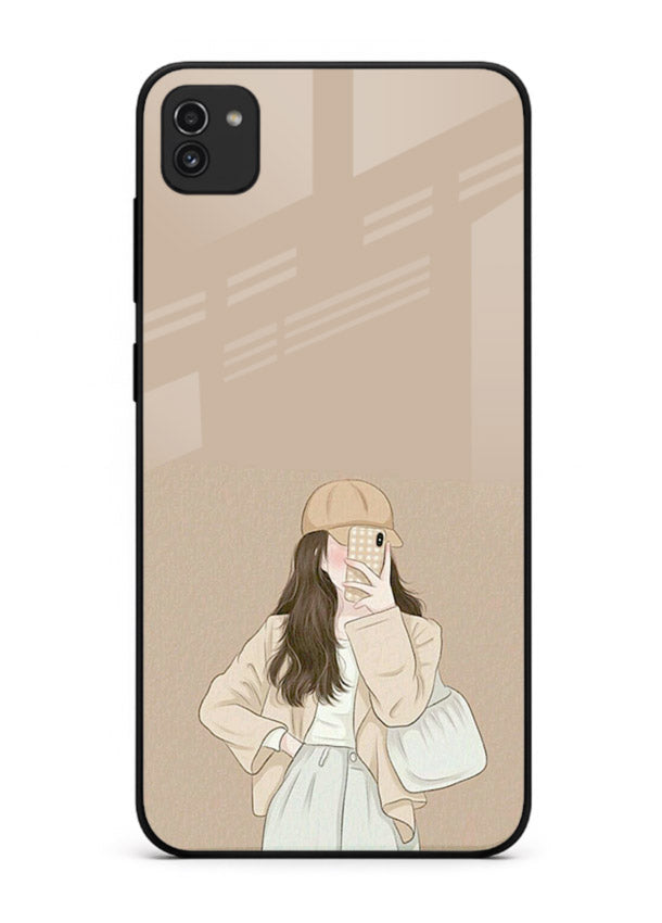 Beige Coat Girl minimal portrait Samsung A03 glass back cover