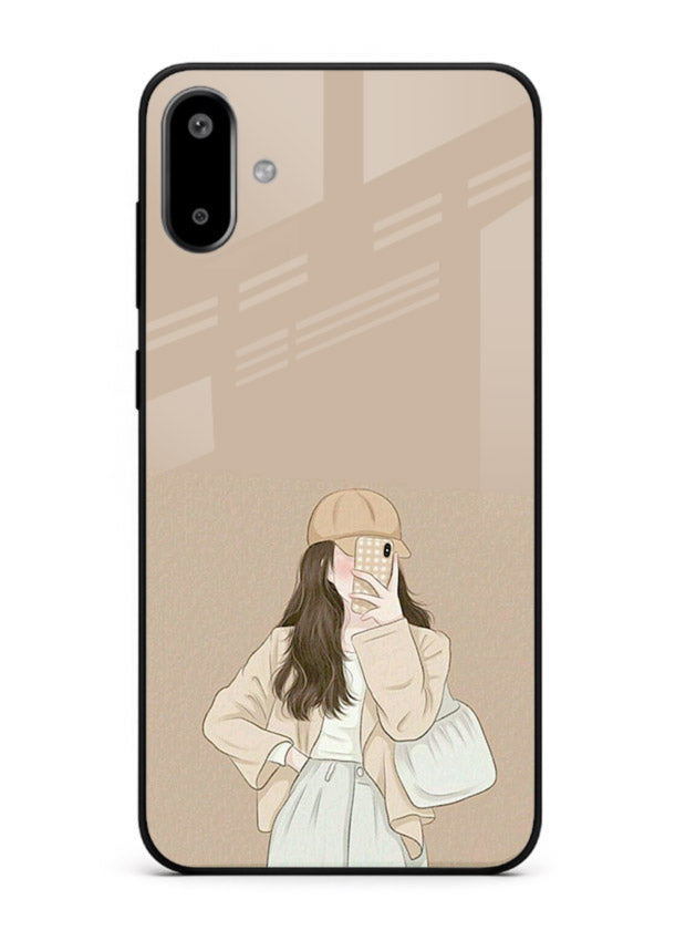 Beige Coat Girl minimal portrait Samsung F06 5G glass back cover