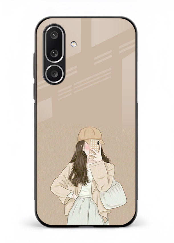 Beige Coat Girl minimal portrait Samsung F56 5G glass back cover