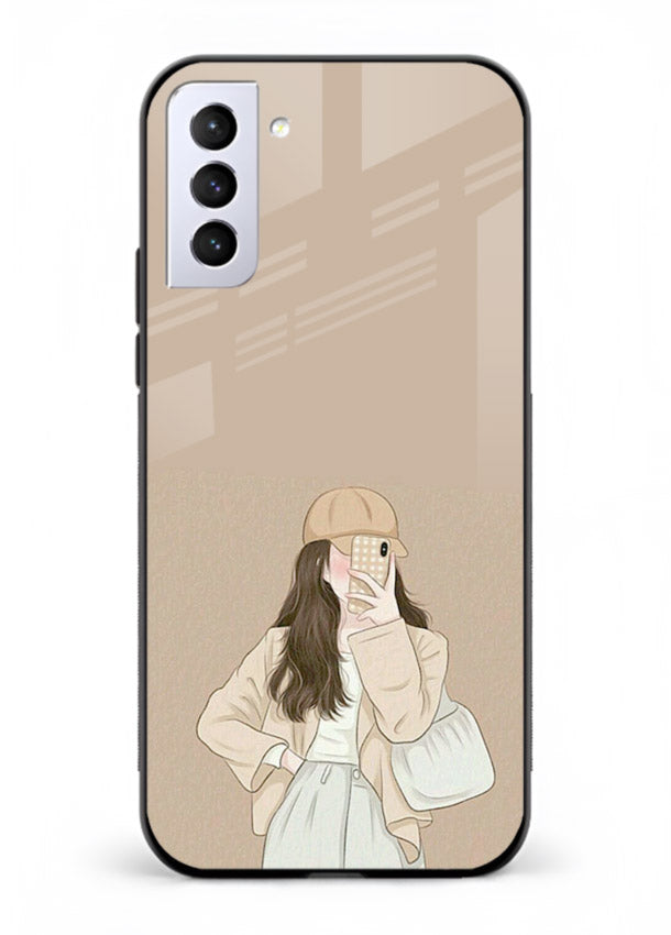 Beige Coat Girl minimal portrait Samsung S21 Plus glass back cover
