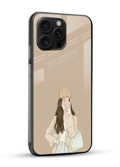 Beige Coat Girl minimal portrait glossy vibrant premium glass back cover - Angle Side