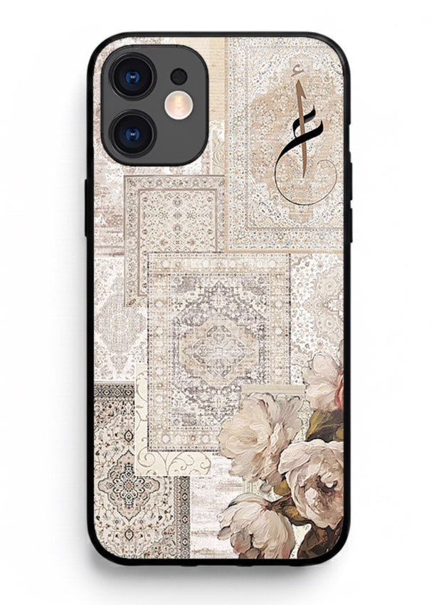 Beige floral collage artwork printed on glossy tempered glass iPhone 12 back cover