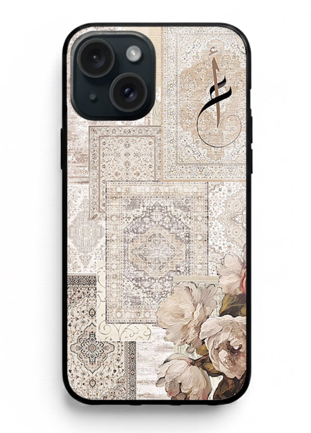 Beige floral collage artwork printed on glossy tempered glass iPhone 13 back cover