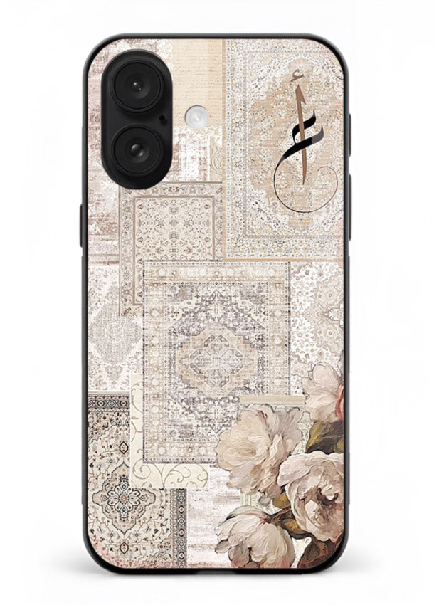 Beige floral collage artwork printed on glossy tempered glass iPhone 17 back cover