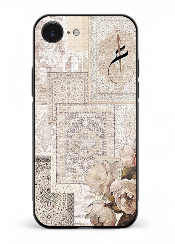 Beige floral collage artwork printed on glossy tempered glass iPhone 16E back cover