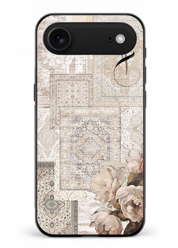 Beige floral collage artwork printed on glossy tempered glass iPhone 18 Air back cover