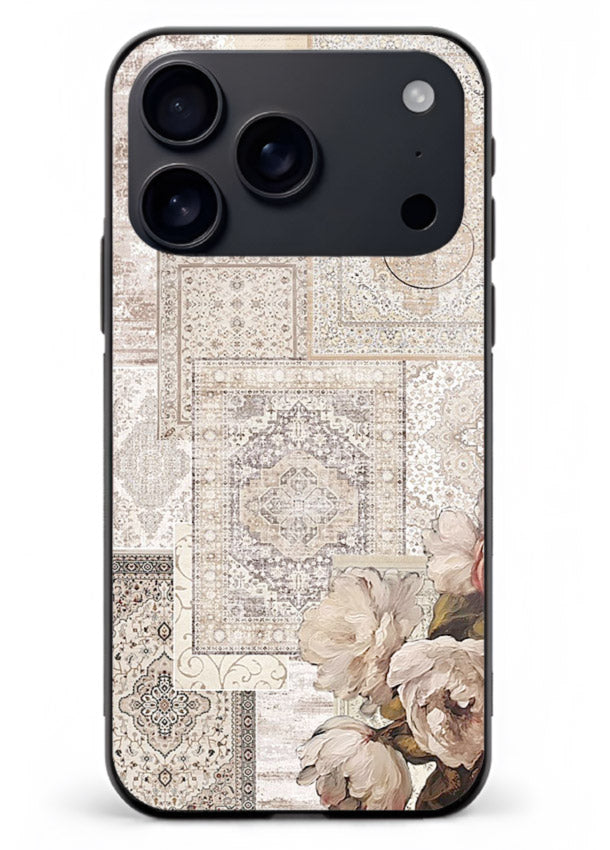 Beige floral collage artwork printed on glossy tempered glass iPhone 18 Pro Max back cover