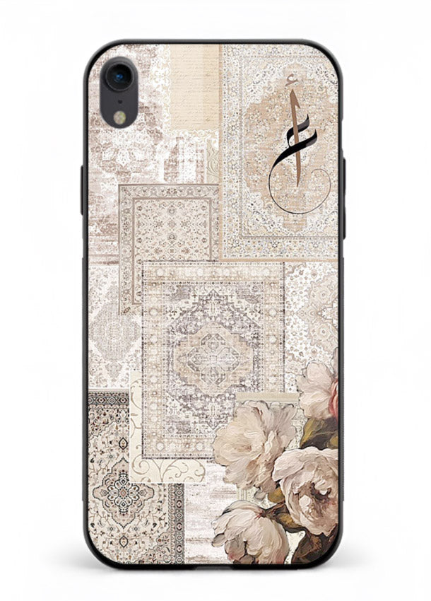 Beige floral collage artwork printed on glossy tempered glass iPhone XR back cover