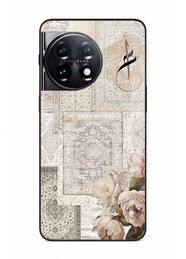 Beige floral collage artwork printed on glossy tempered glass OnePlus 11 back cover