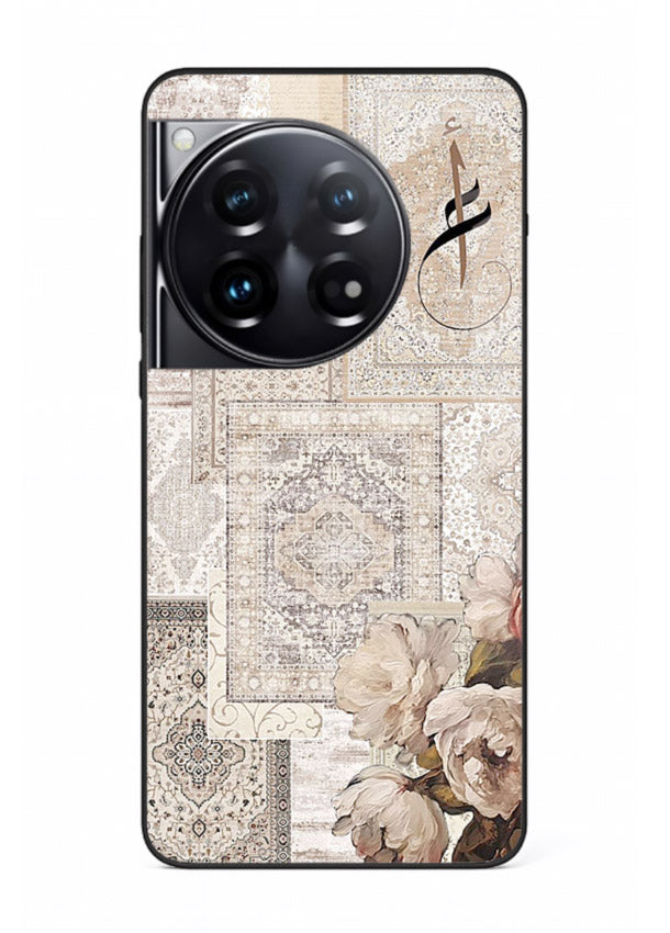 Beige floral collage artwork printed on glossy tempered glass OnePlus 12 back cover