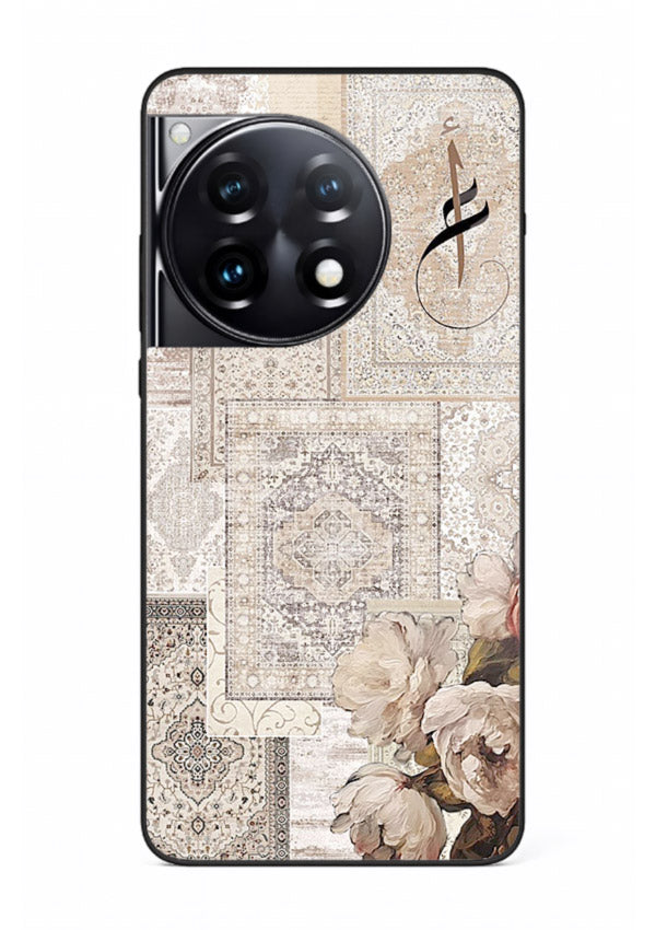 Beige floral collage artwork printed on glossy tempered glass OnePlus 12R back cover