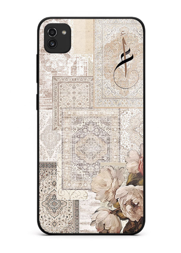 Beige floral collage artwork printed on glossy tempered glass Samsung A03 back cover