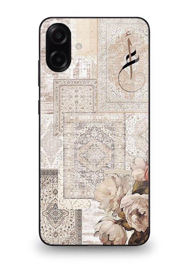Beige floral collage artwork printed on glossy tempered glass Samsung A06 5G back cover