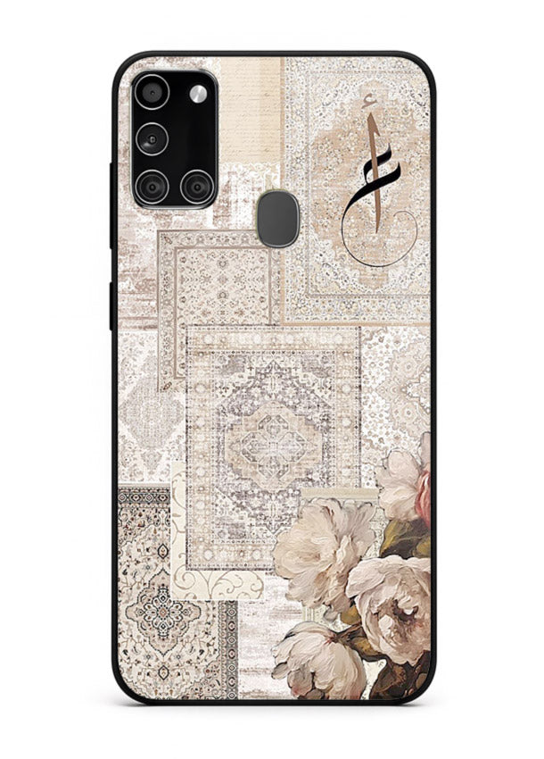 Beige floral collage artwork printed on glossy tempered glass Samsung A21s back cover